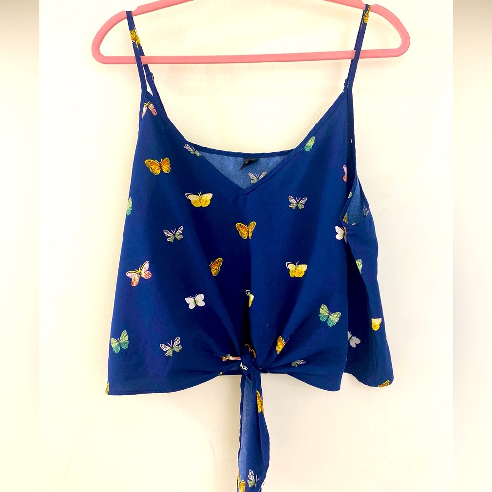 🦋 🤩🦋Colorful Butterfly Blue Cropped Adjustable Spaghetti Strap Tied Front Top